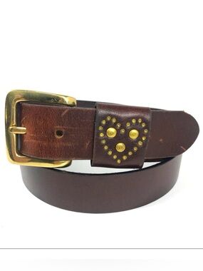 Brown Leather Belt with Studded Heart Gold Tone Buckle Size XL